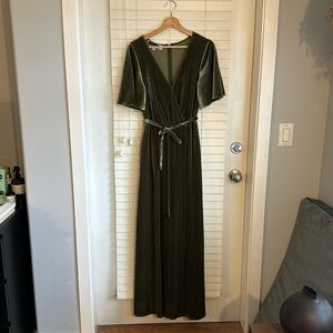 Velvet bridesmaids dress is olive green